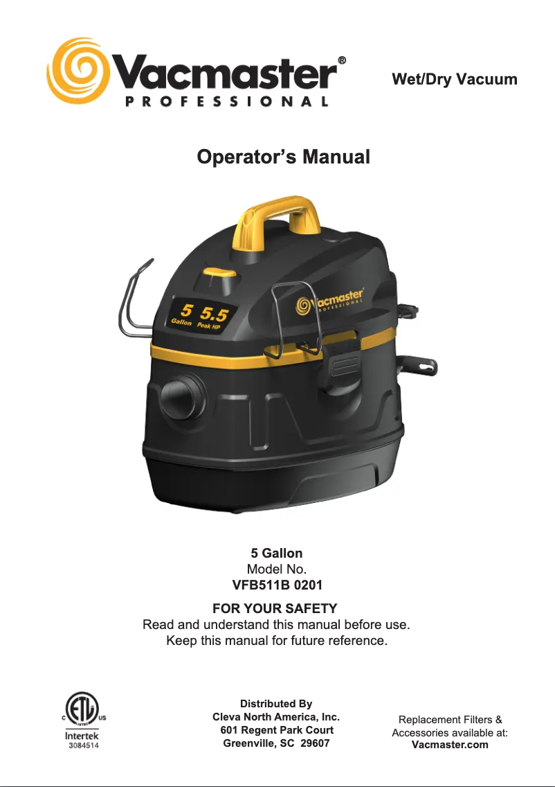 Page n°1 - Manuel utilisateur Vacmaster Professional VFB511B 0201