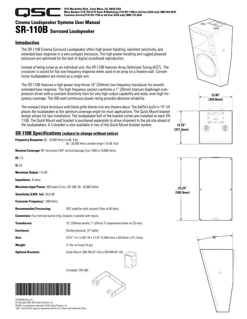 Page 1 de la notice Manuel utilisateur QSC SR-110B