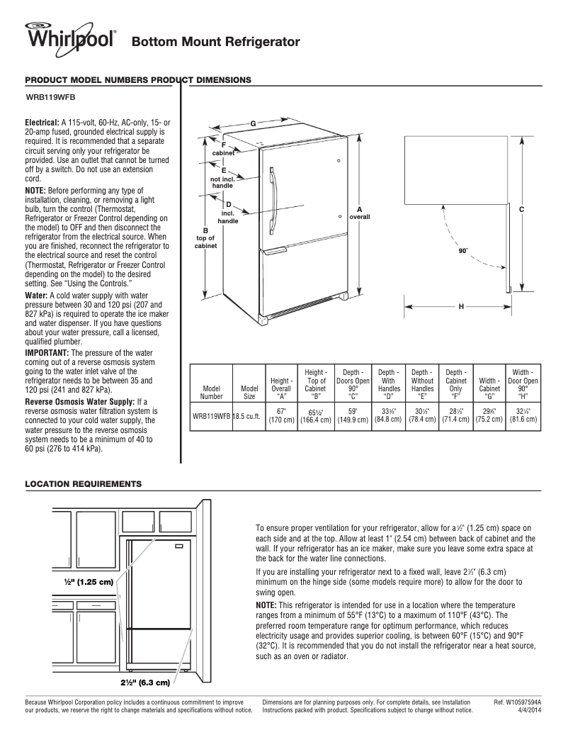 Page n°1 - Fiche technique Whirlpool WRB119WFB