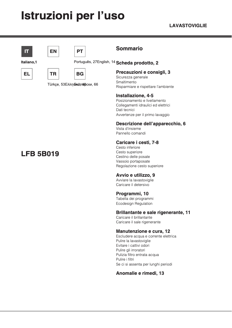 Page n°1 - Manuel utilisateur Hotpoint Ariston LFB 5B019 EU