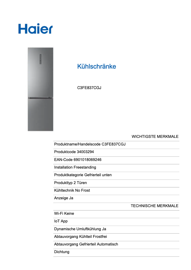 Page n°1 - Label énergétique Haier C3FE837CGJ