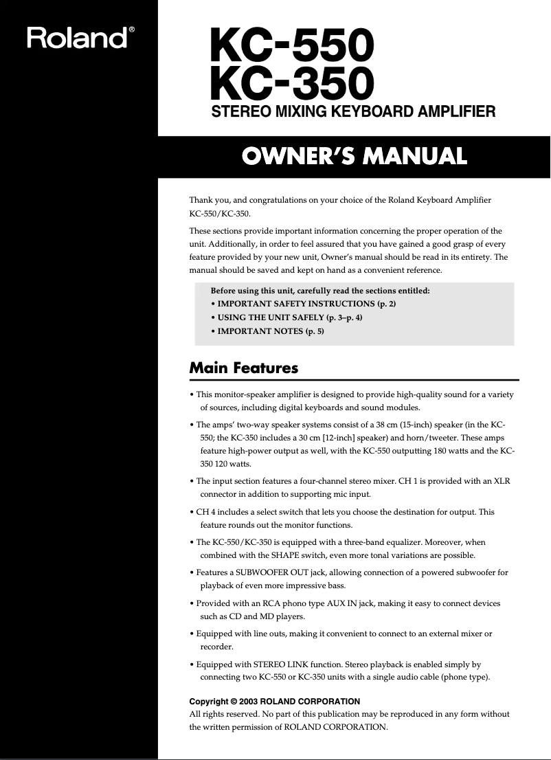 Page 1 de la notice Manuel utilisateur Roland KC-350