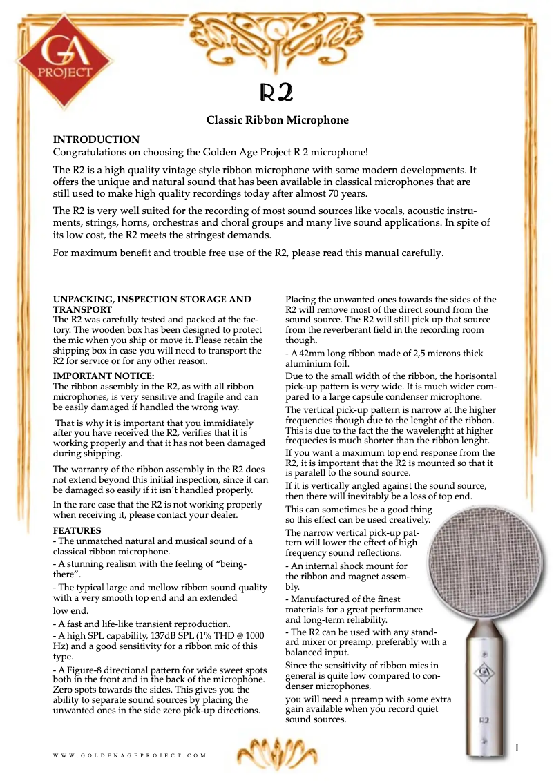 Page 1 de la notice Manuel utilisateur Golden Age Project R2 MKII