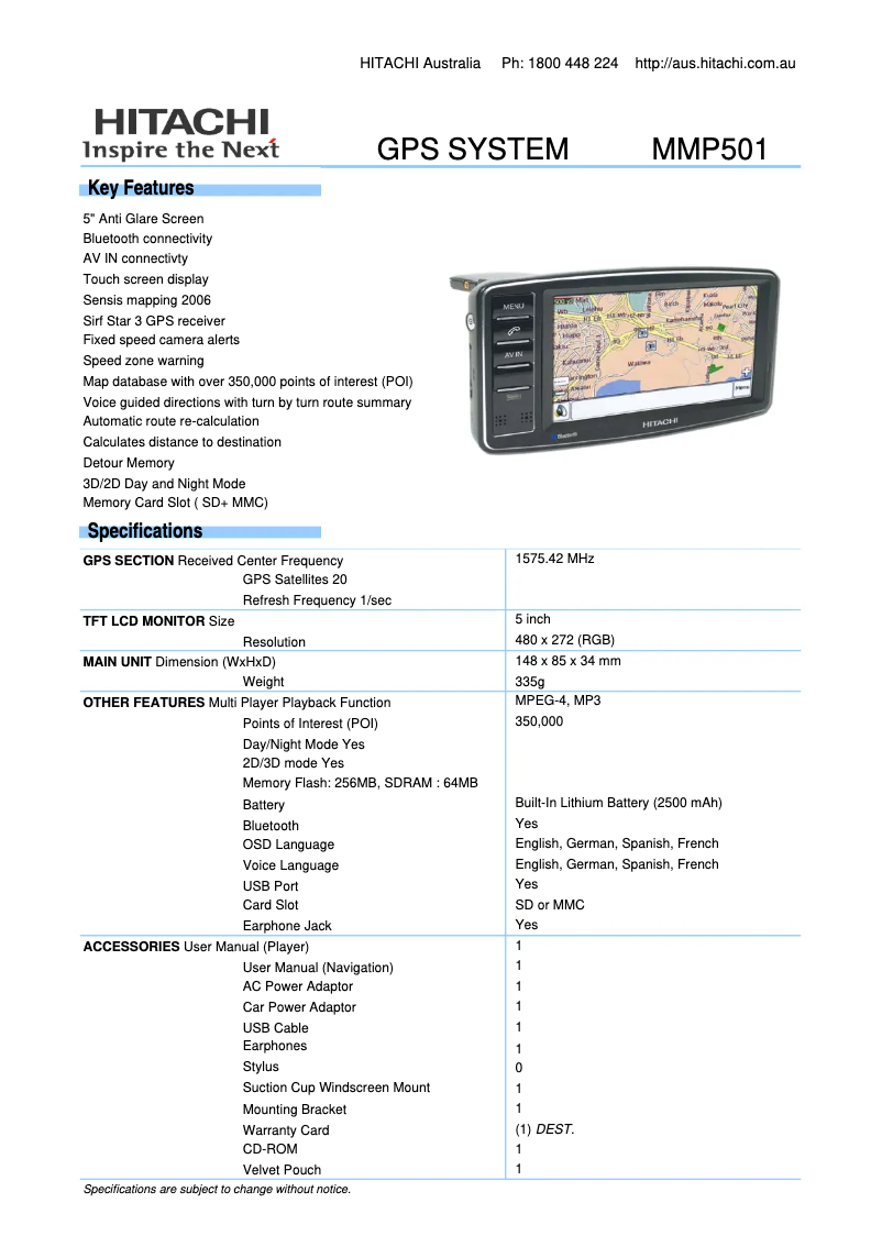 Page 1 de la notice Fiche technique Hitachi MMP501