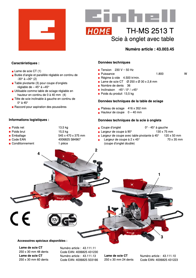 Page 1 de la notice Fiche technique Einhell TC-MS 2513 T
