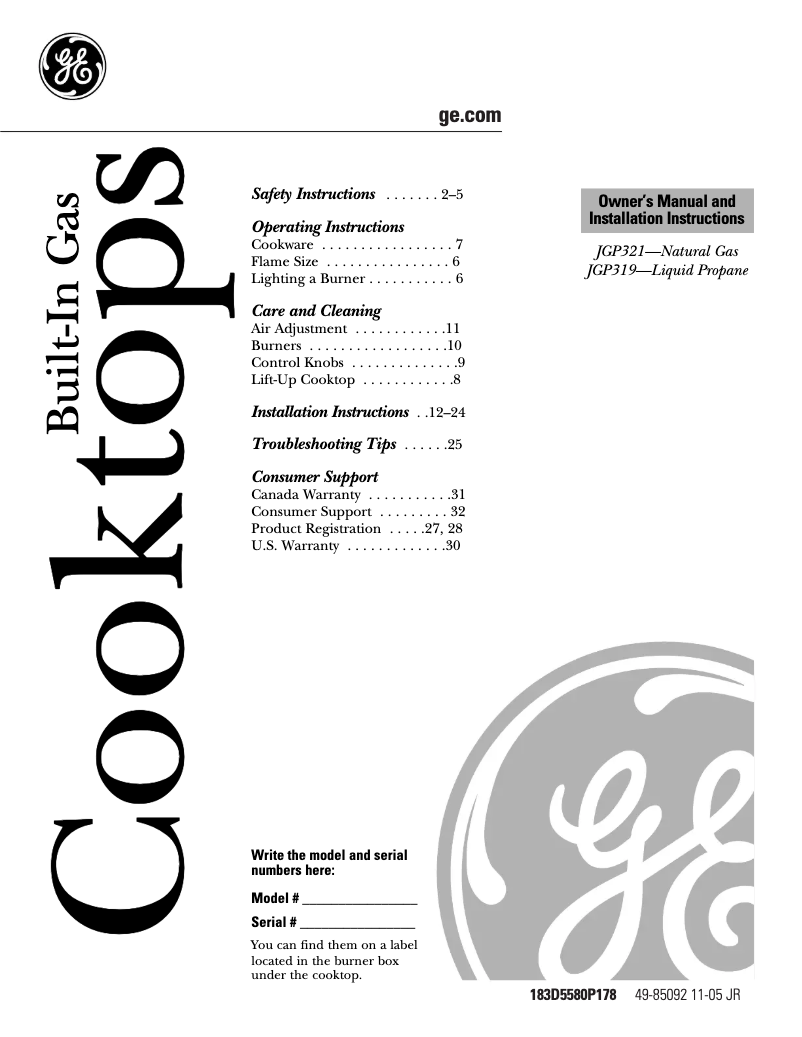 Image de la première page du manuel de l'appareil JGP321EJWH