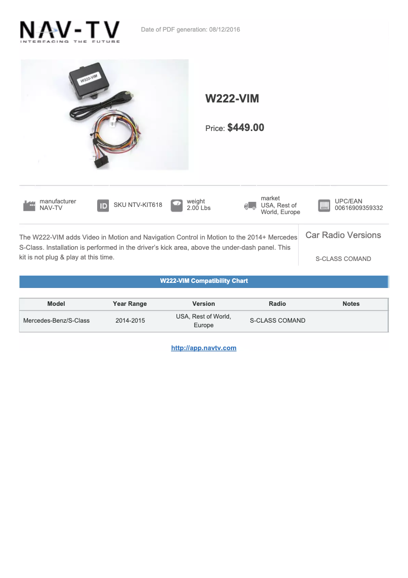 Image de la première page du manuel de l'appareil W222-VIM VNTV-KIT618