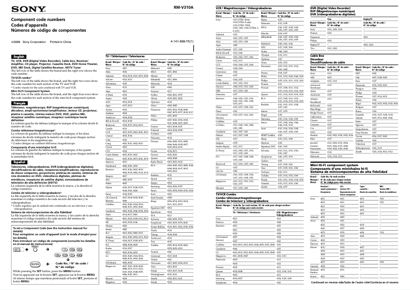 Page 1 de la notice Manuel utilisateur Sony RM-V310A