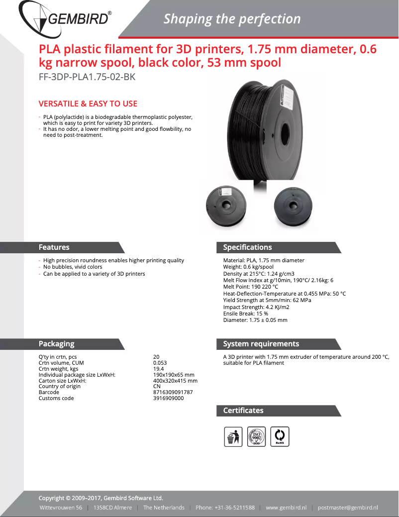 Page 1 de la notice Manuel utilisateur Gembird FF-3DP-PLA1.75-02-BK