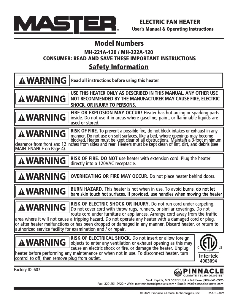Page 1 de la notice Manuel utilisateur Master MH-222A-120