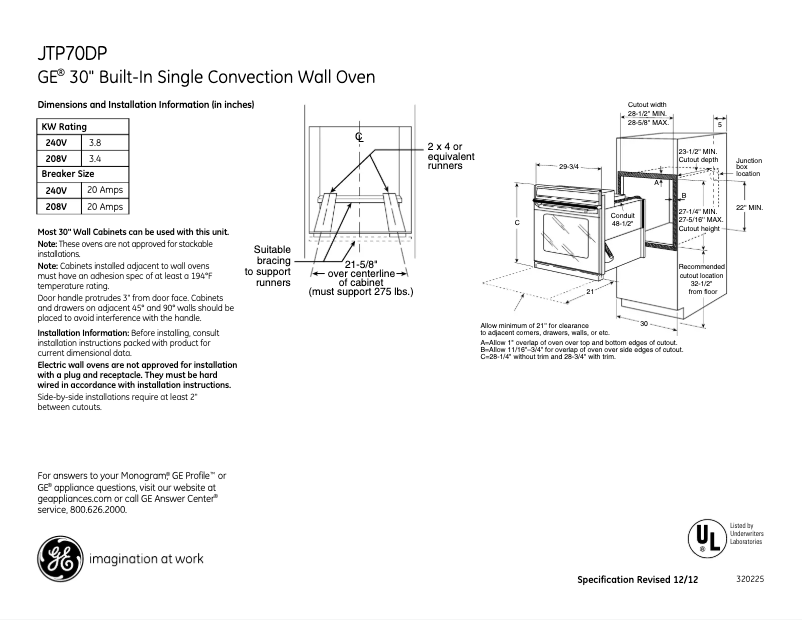 Page 1 de la notice Fiche technique GE JTP70DPBB