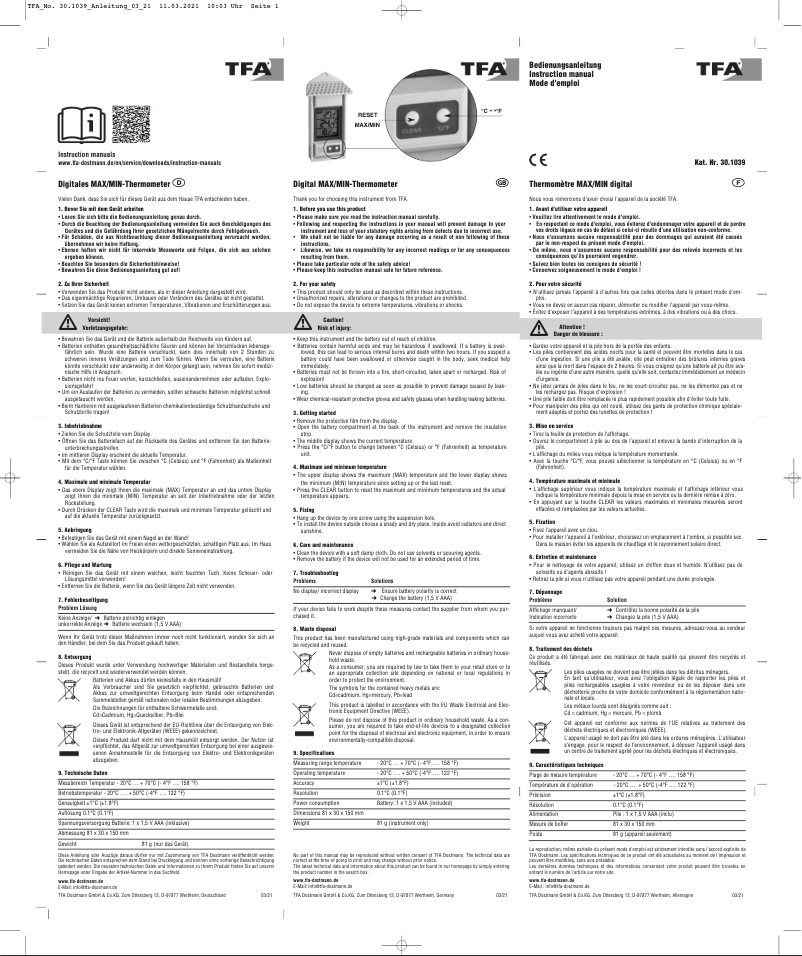 Page 1 de la notice Manuel utilisateur TFA 30.1039