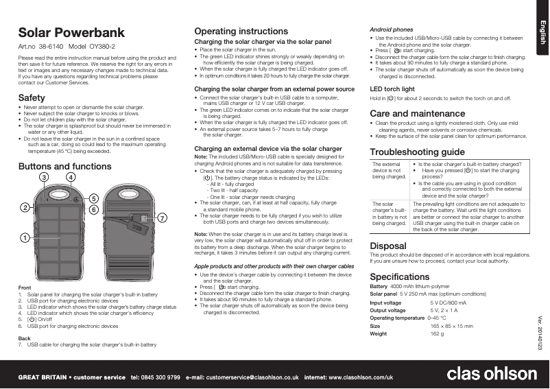 Page n°1 - Manuel utilisateur Clas Ohlson OY380-2