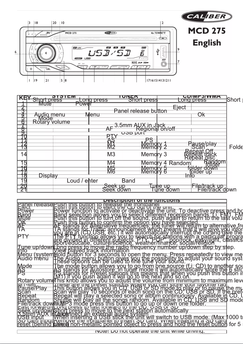 Page n°1 - Manuel utilisateur Caliber MCD 275