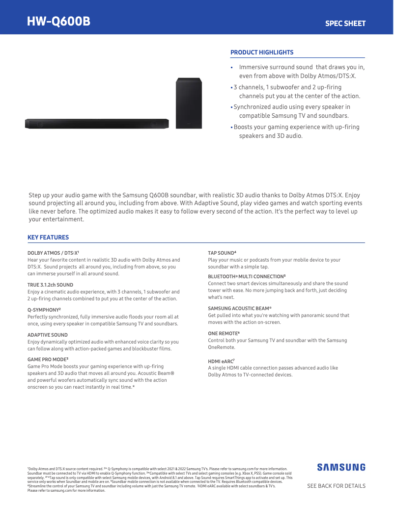 Page 1 de la notice Fiche technique Samsung HW-Q600B