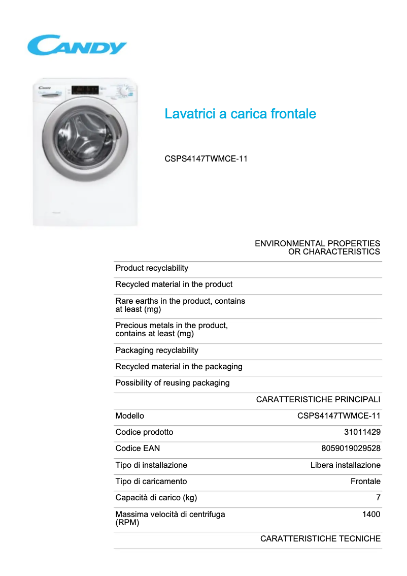 Page 1 de la notice Fiche technique Candy CSPS4147TWMCE-11