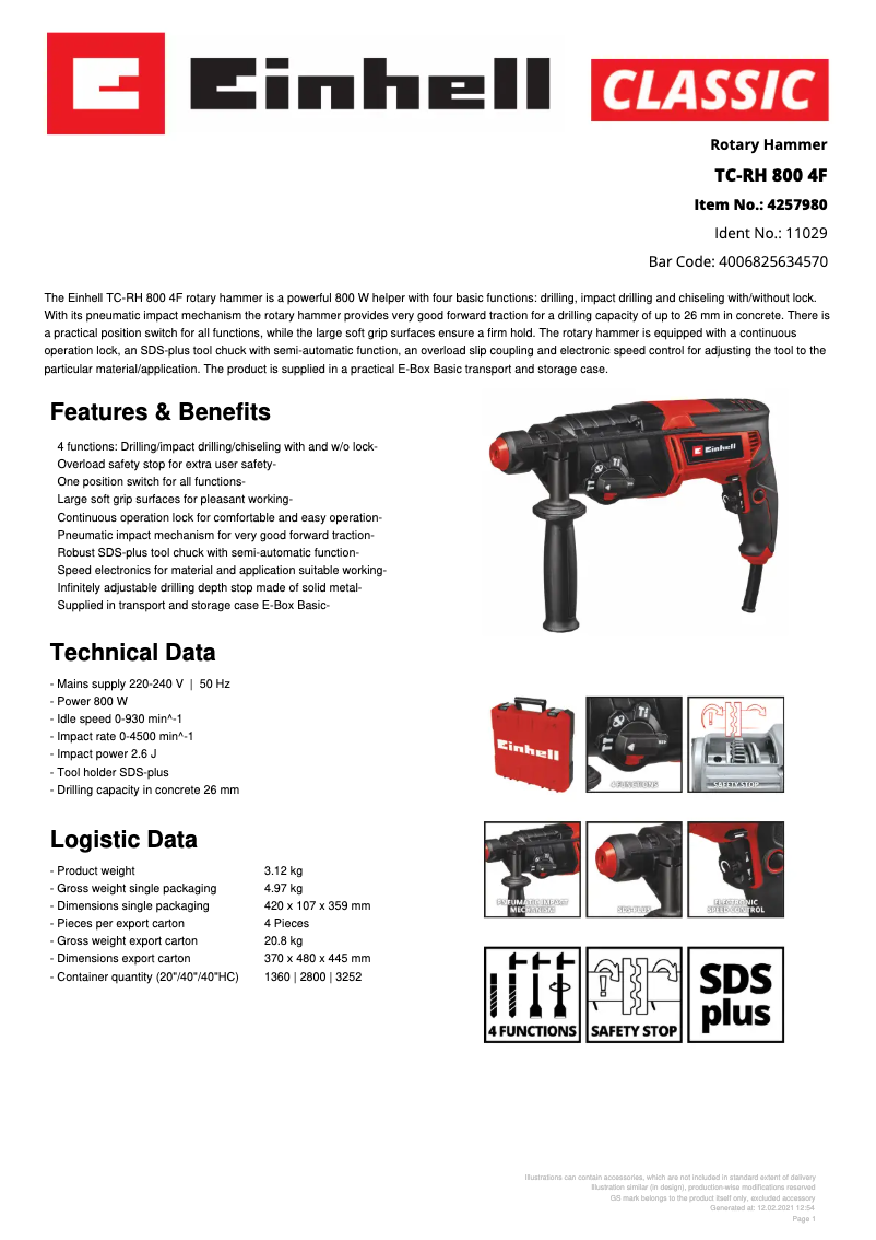 Página 1 del manual Ficha técnica Einhell TC-RH 800 4F