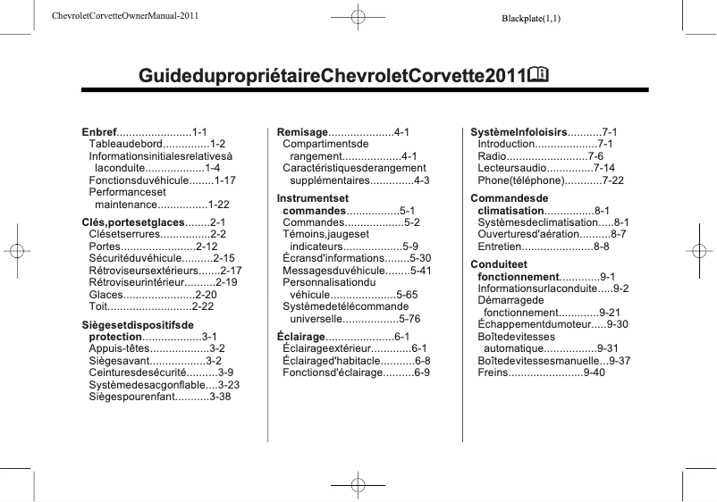 Image de la première page du manuel de l'appareil Corvette (2011)