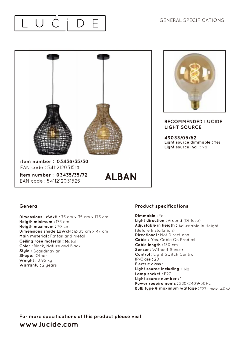 Page 1 de la notice Manuel utilisateur Lucide ALBAN