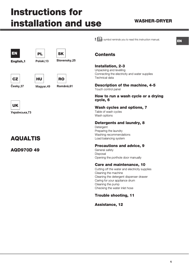 Page 1 de la notice Manuel utilisateur Hotpoint AQD970D 49 EU / B