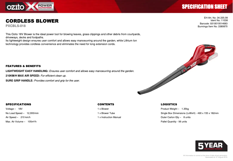 Página 1 del manual Ficha técnica Ozito PXCBLS-018