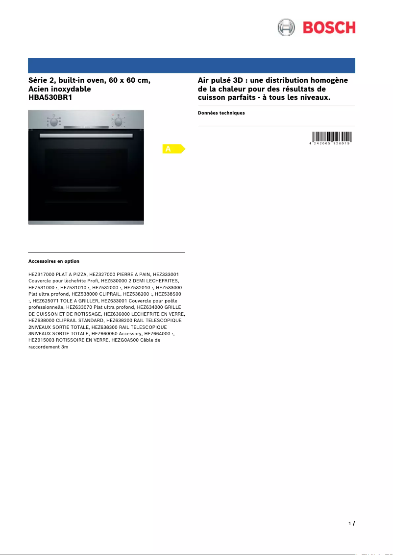 Page 1 de la notice Fiche technique Bosch HBA530BR1