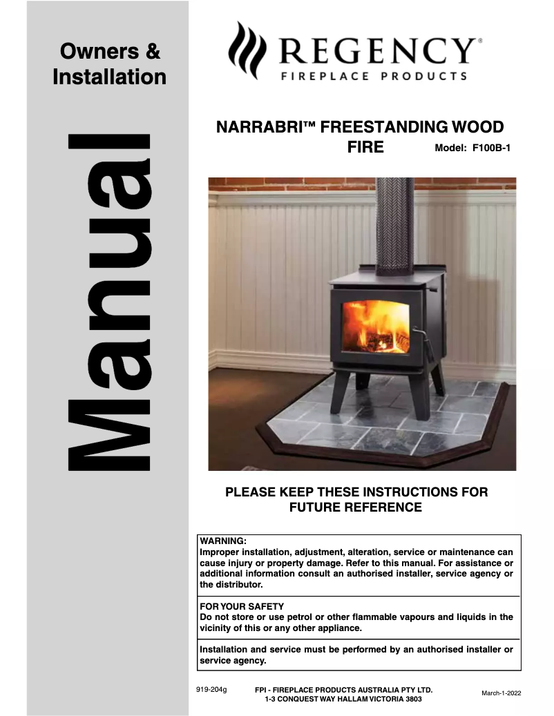 Page 1 de la notice Manuel utilisateur Regency Narrabri F100B-1