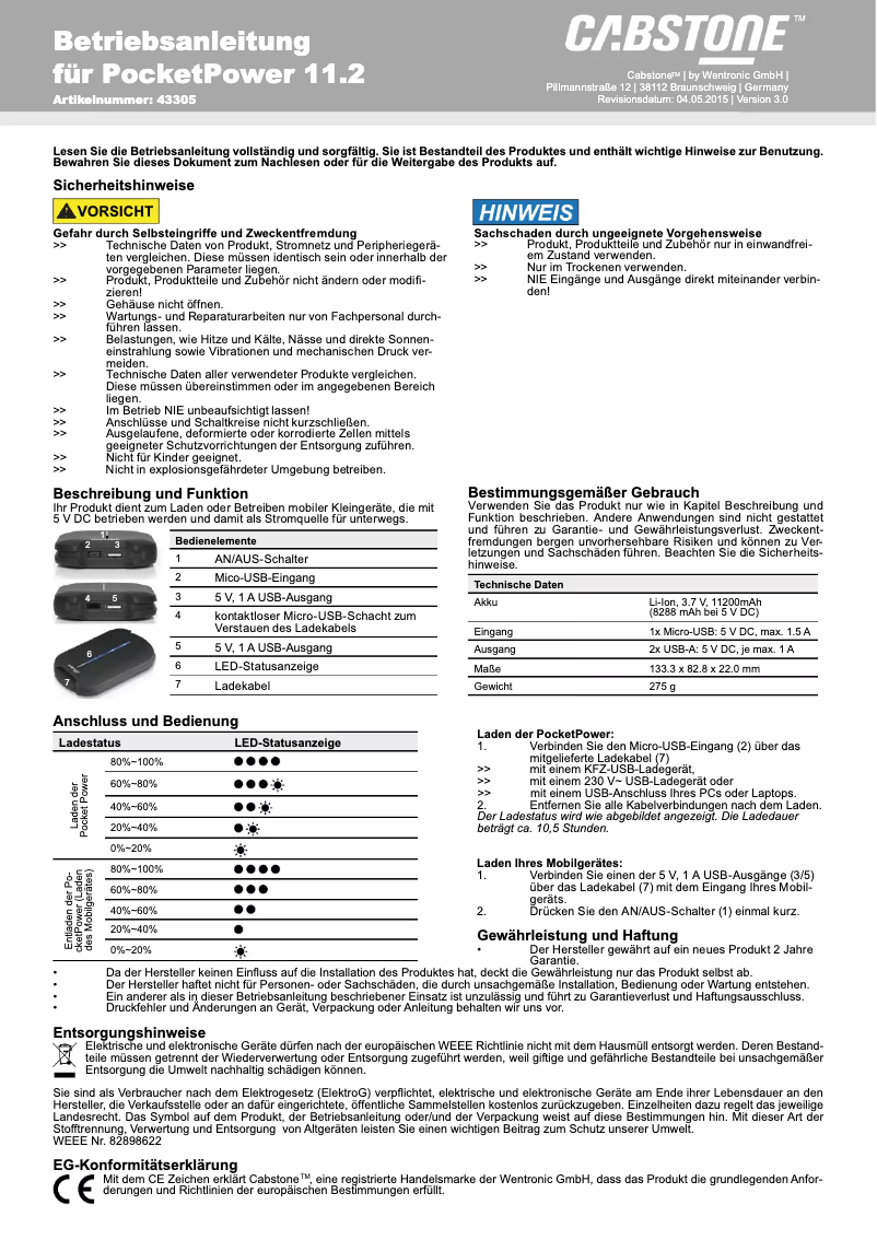 Page 1 de la notice Manuel utilisateur Wentronic PocketPower 11.2
