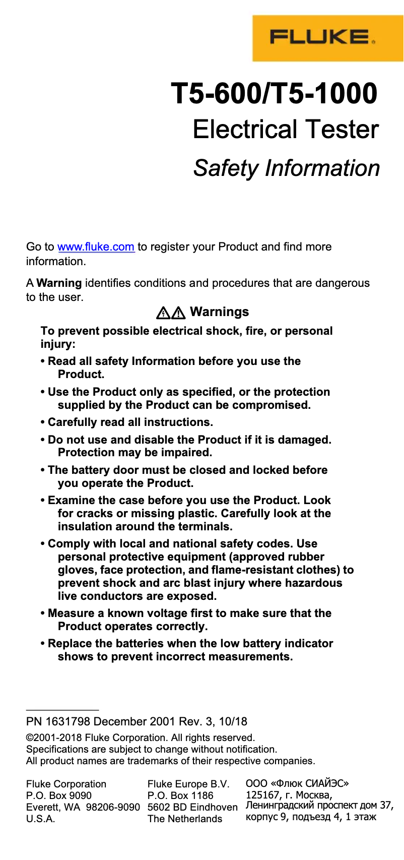 Page 1 de la notice Instructions de sécurité Fluke T5-1000