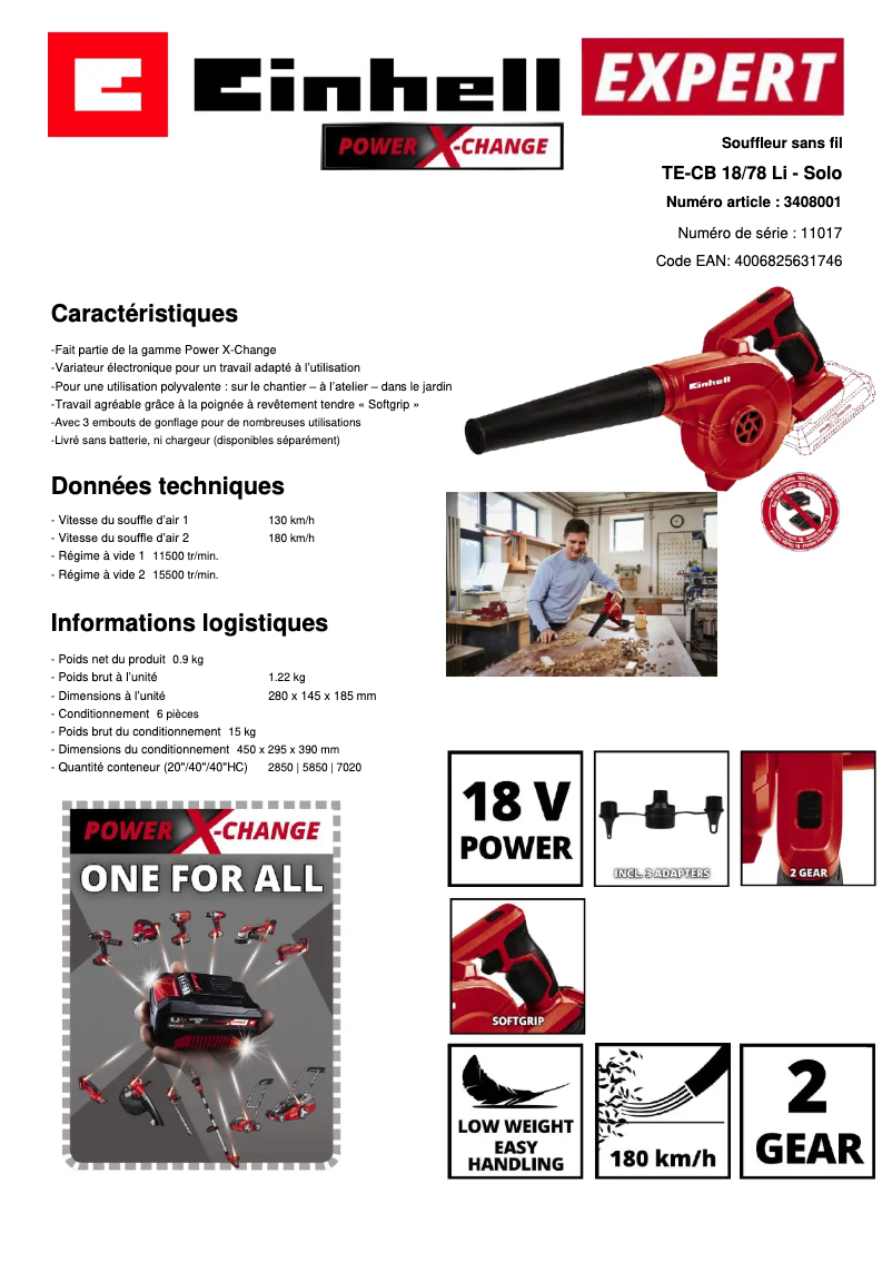 Page 1 de la notice Fiche technique Einhell TE-CB 18/180 Li