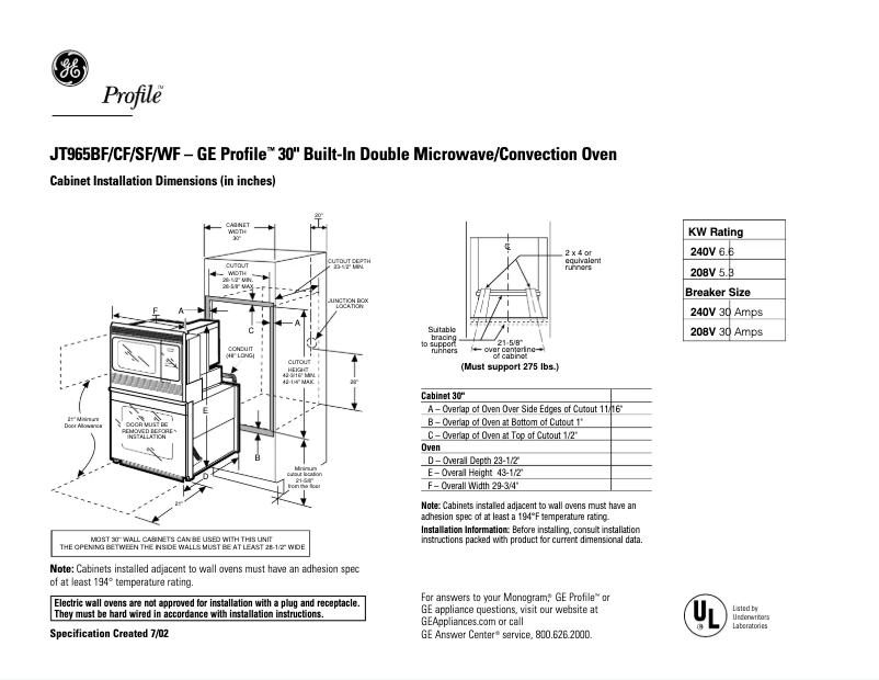 Page 1 de la notice Fiche technique GE Profile JT965SFSS