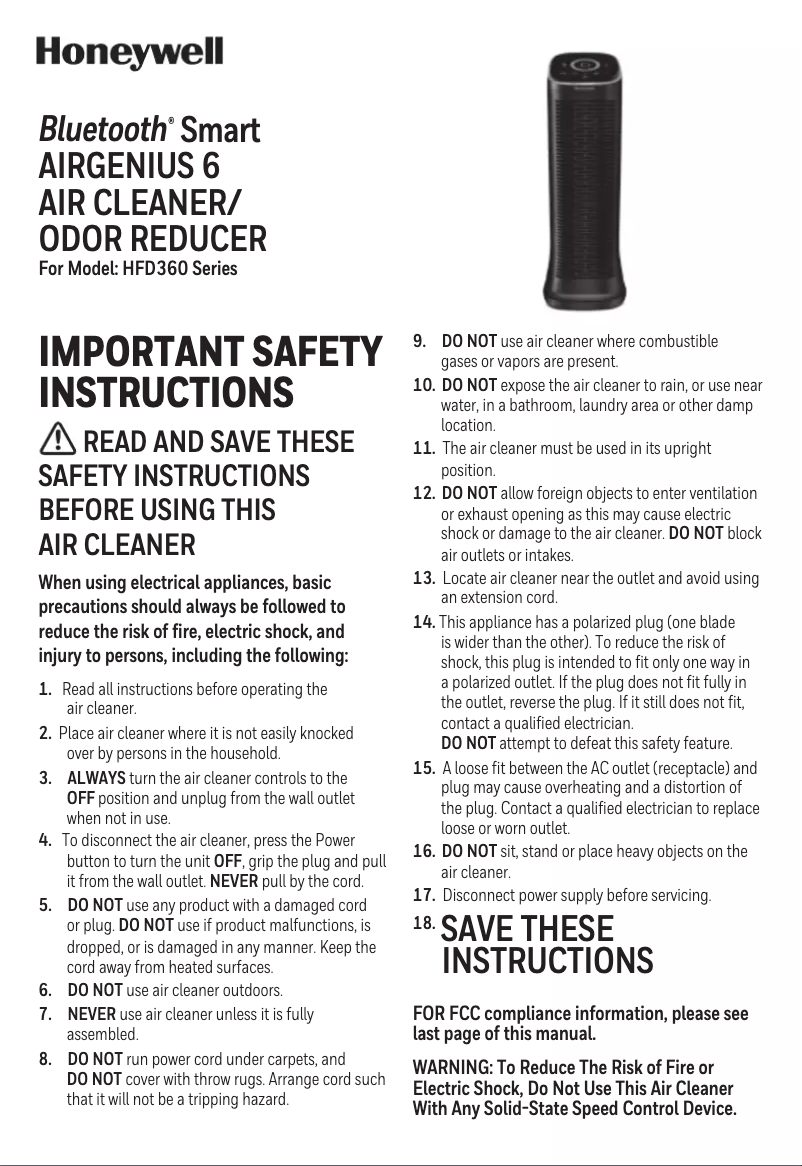 Page n°1 - Manuel utilisateur Honeywell AirGenius 6 HFD360B
