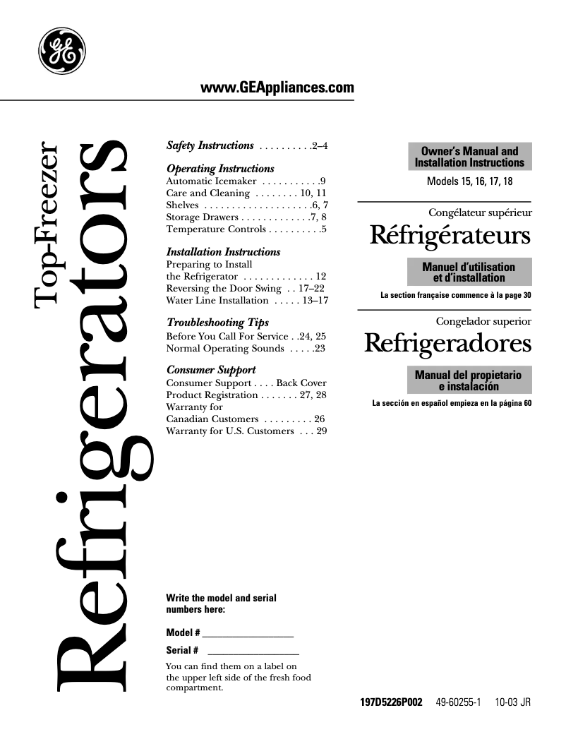 Page 1 de la notice Guide d'installation GE GTS18EBRWW