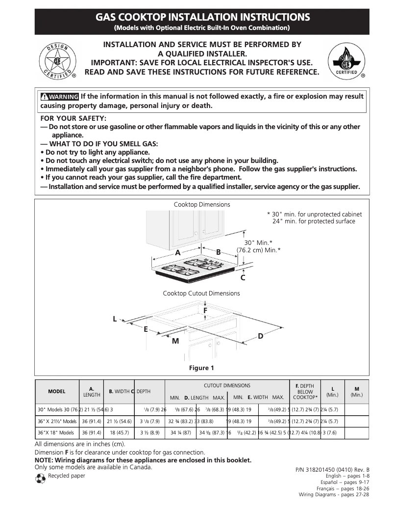 Page n°1 - Guide d'installation Frigidaire FGC36S5AB