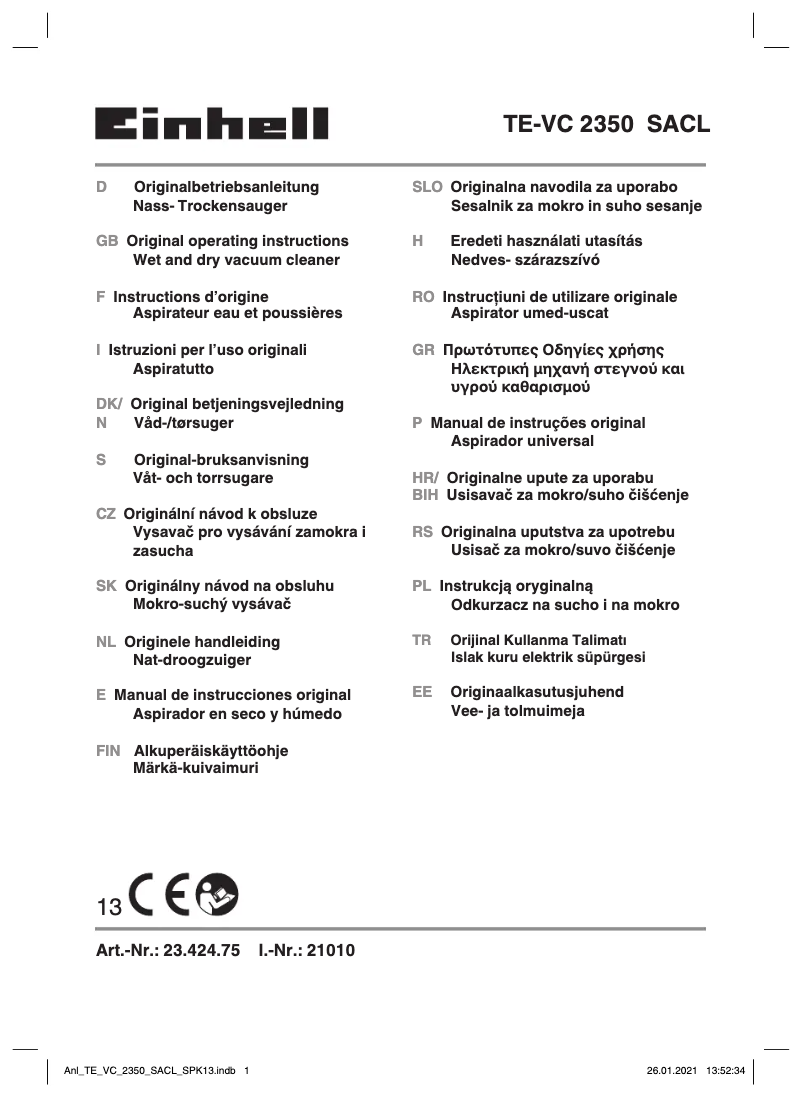 Page n°1 - Manuel utilisateur Einhell TE-VC 2350 SACL