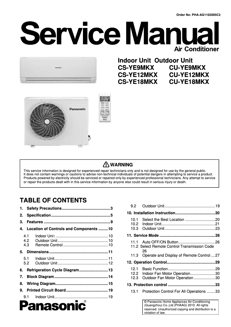 Page n°1 - Manuel utilisateur Panasonic CS-YE12MKX