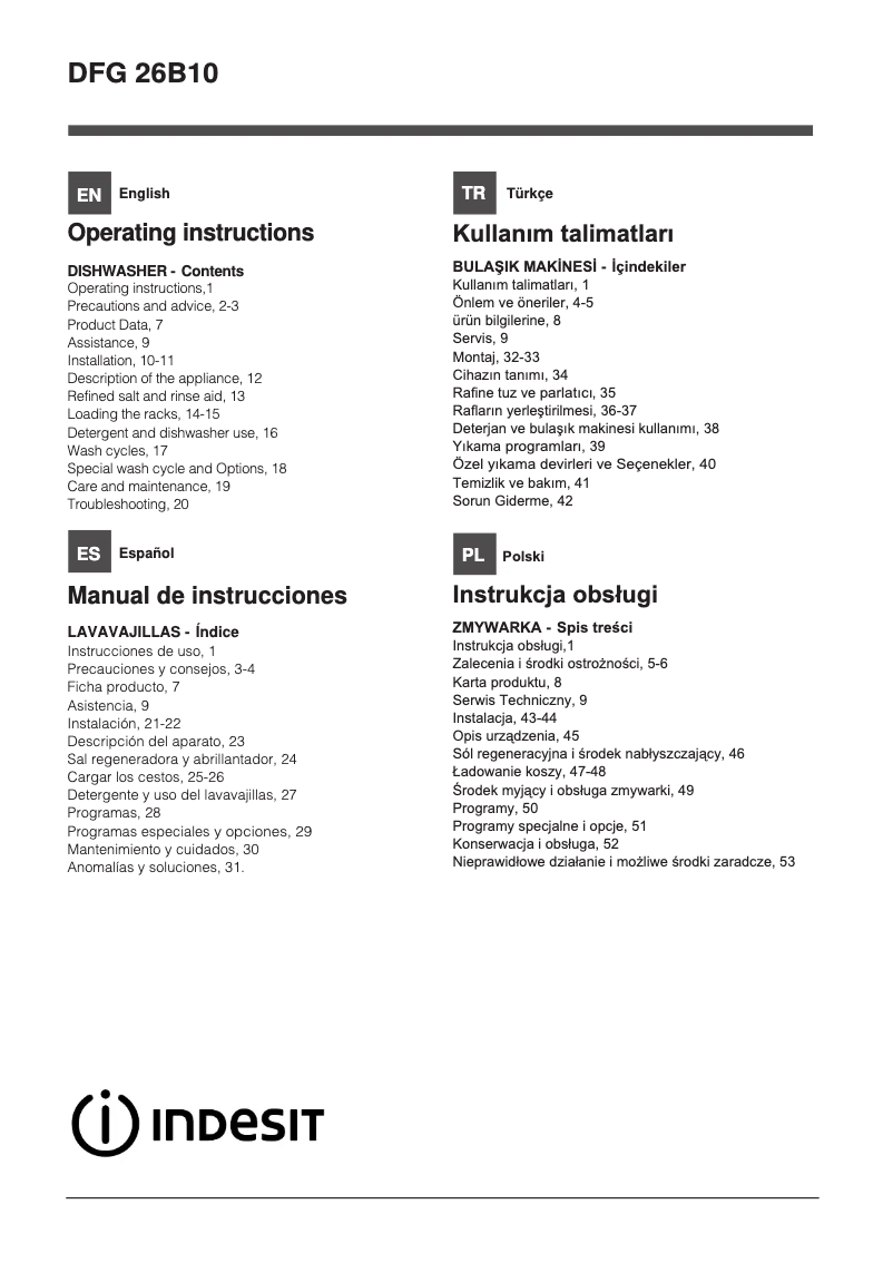 Page 1 de la notice Manuel utilisateur Indesit DFG 26B10 NX EU