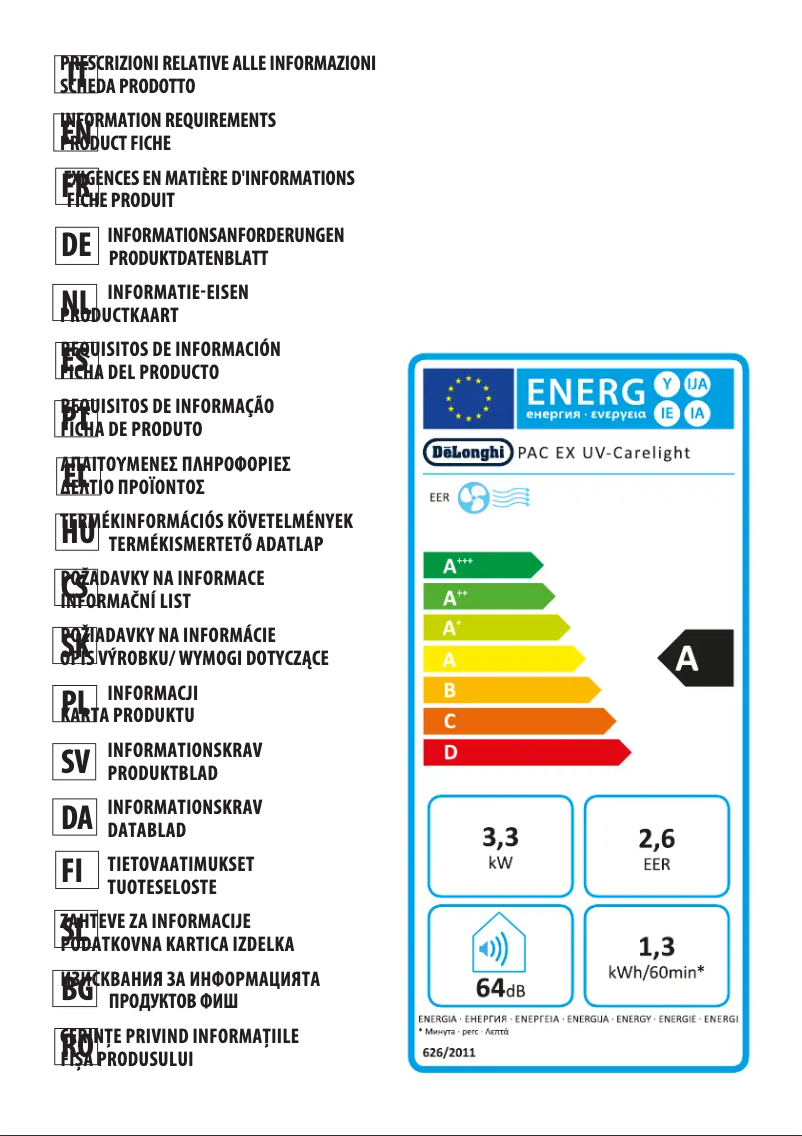 Page 1 de la notice Fiche technique DeLonghi PAC EX UV Carelight