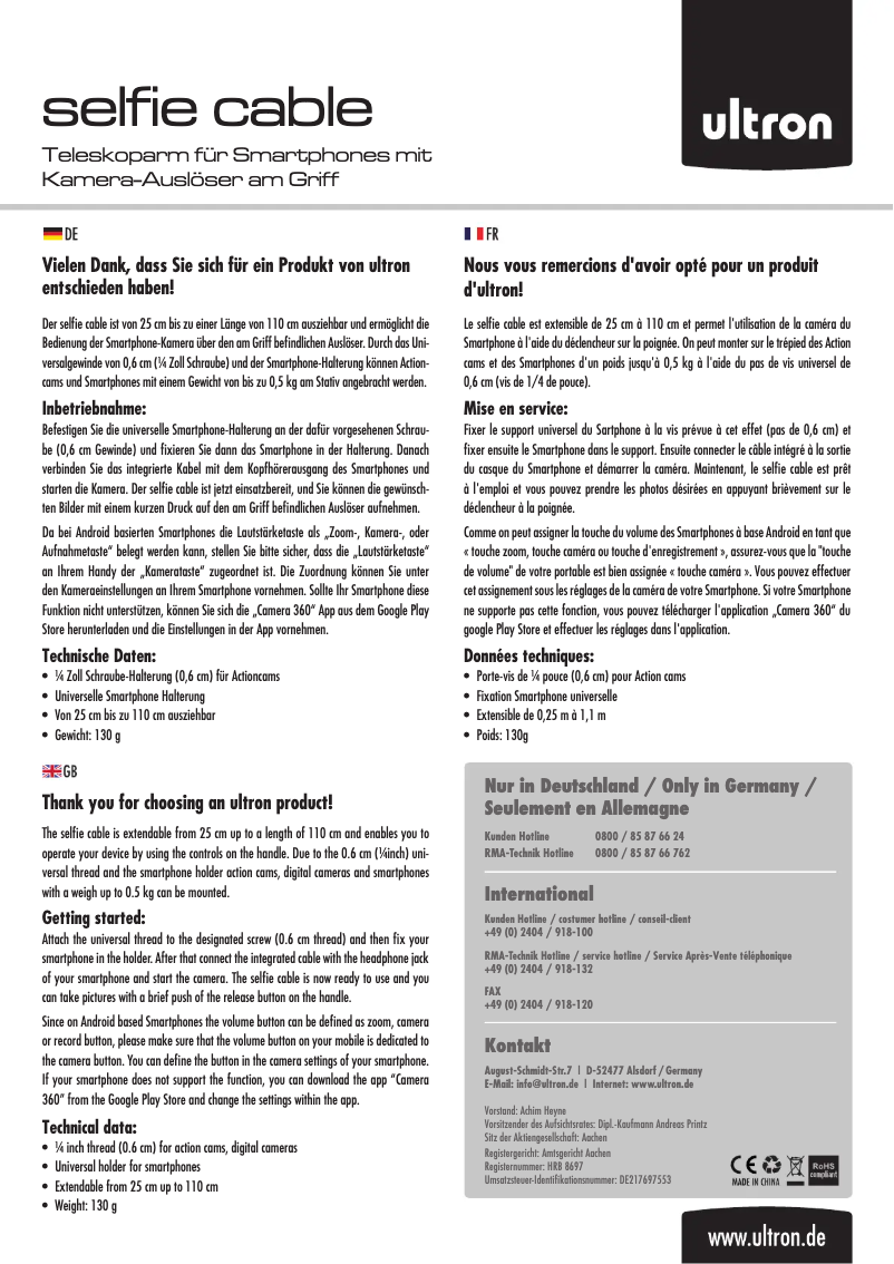 Image de la première page du manuel de l'appareil Selfie Cable