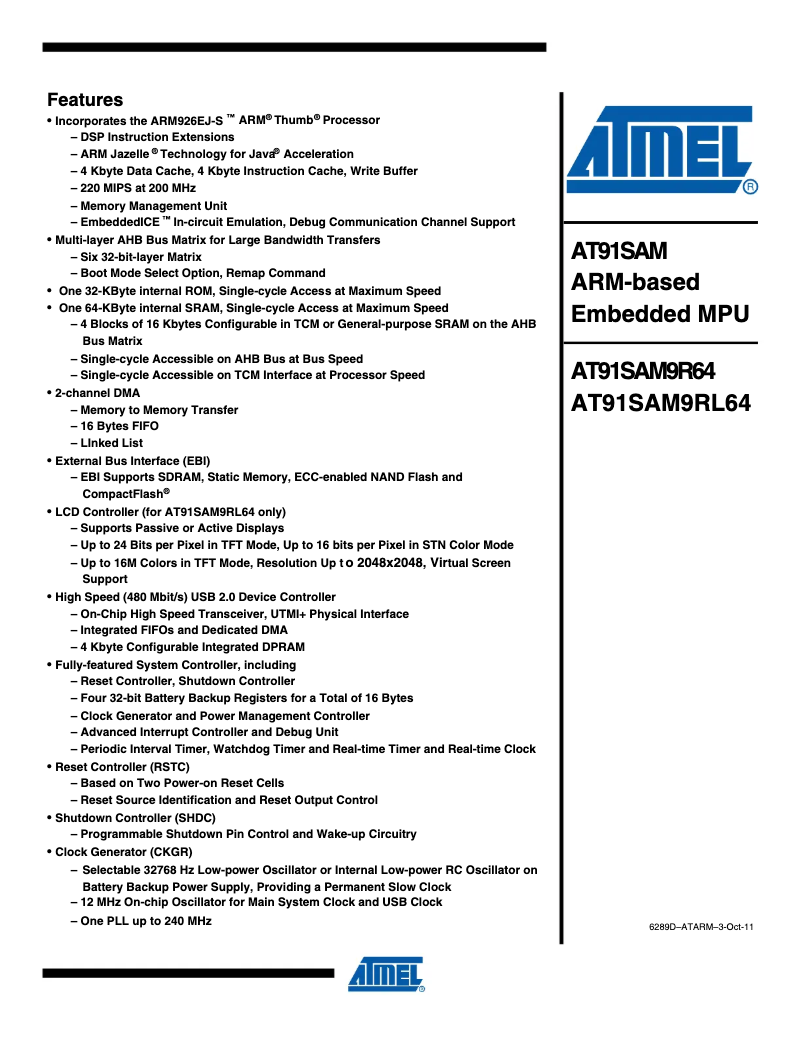 Page 1 de la notice Fiche technique Microchip AT91SAM9R64