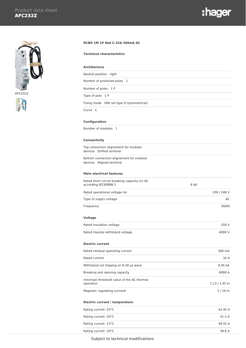 Page n°1 - Fiche technique Hager AFC232Z