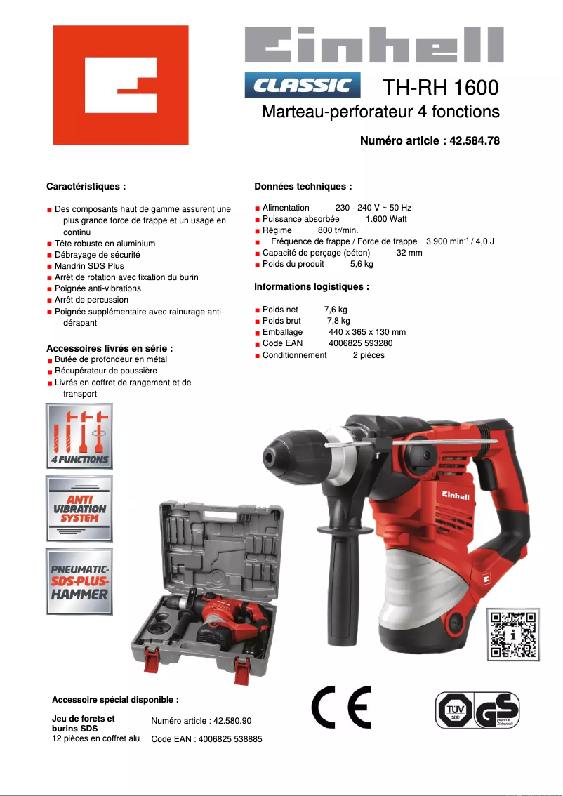 Page n°1 - Fiche technique Einhell TC-RH 1600