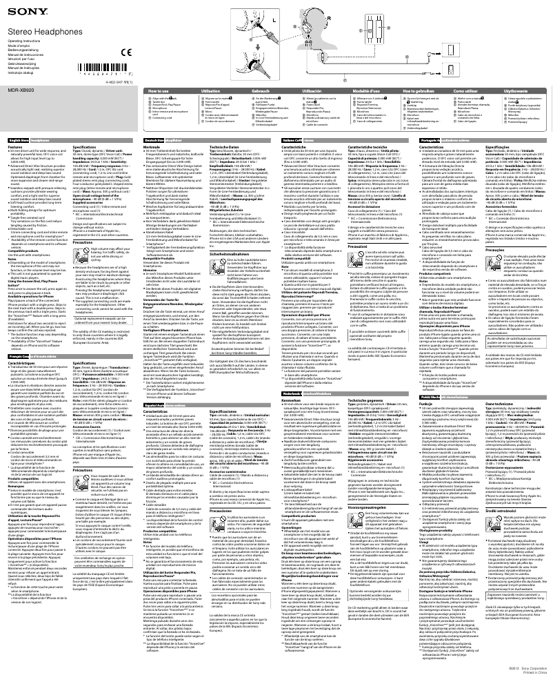 Page 1 de la notice Manuel utilisateur Sony MDR-XB920