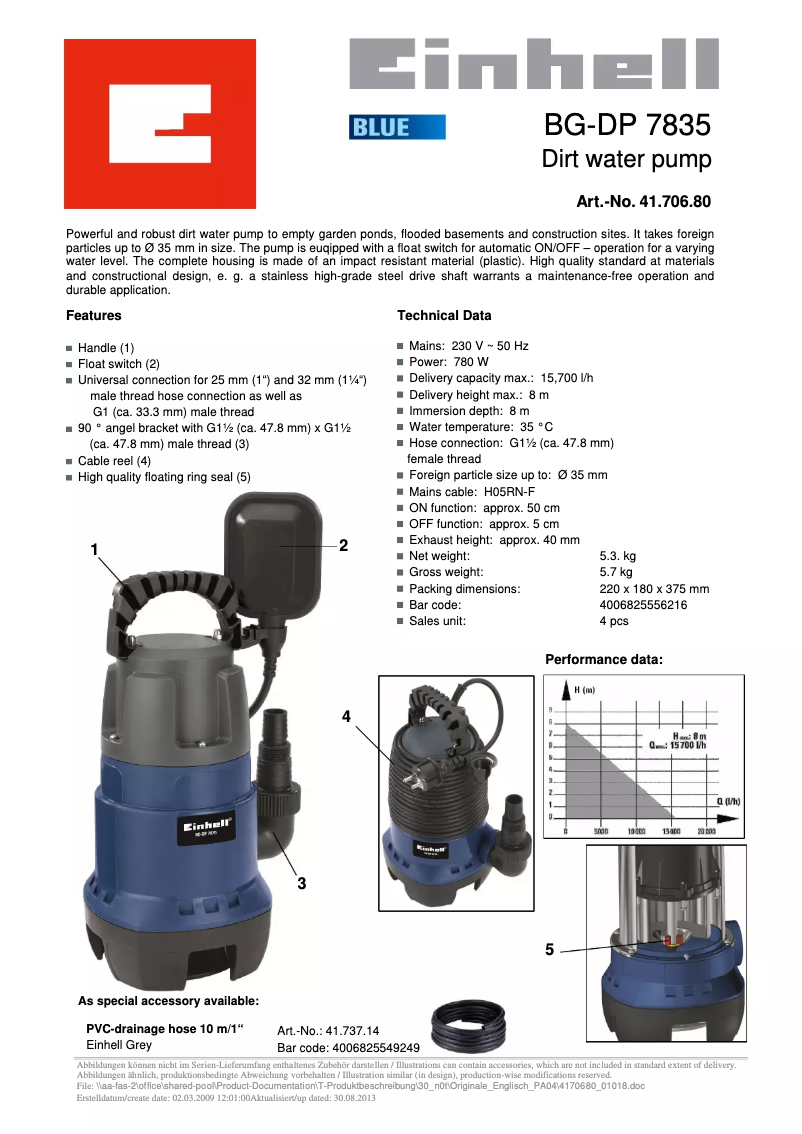 Page 1 de la notice Manuel utilisateur Einhell BG-DP 7835