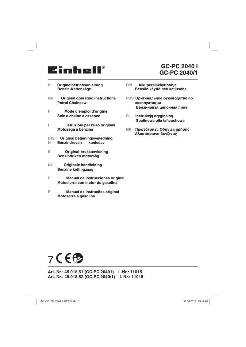 Page 1 de la notice Manuel utilisateur Einhell GC-PC 2040/1
