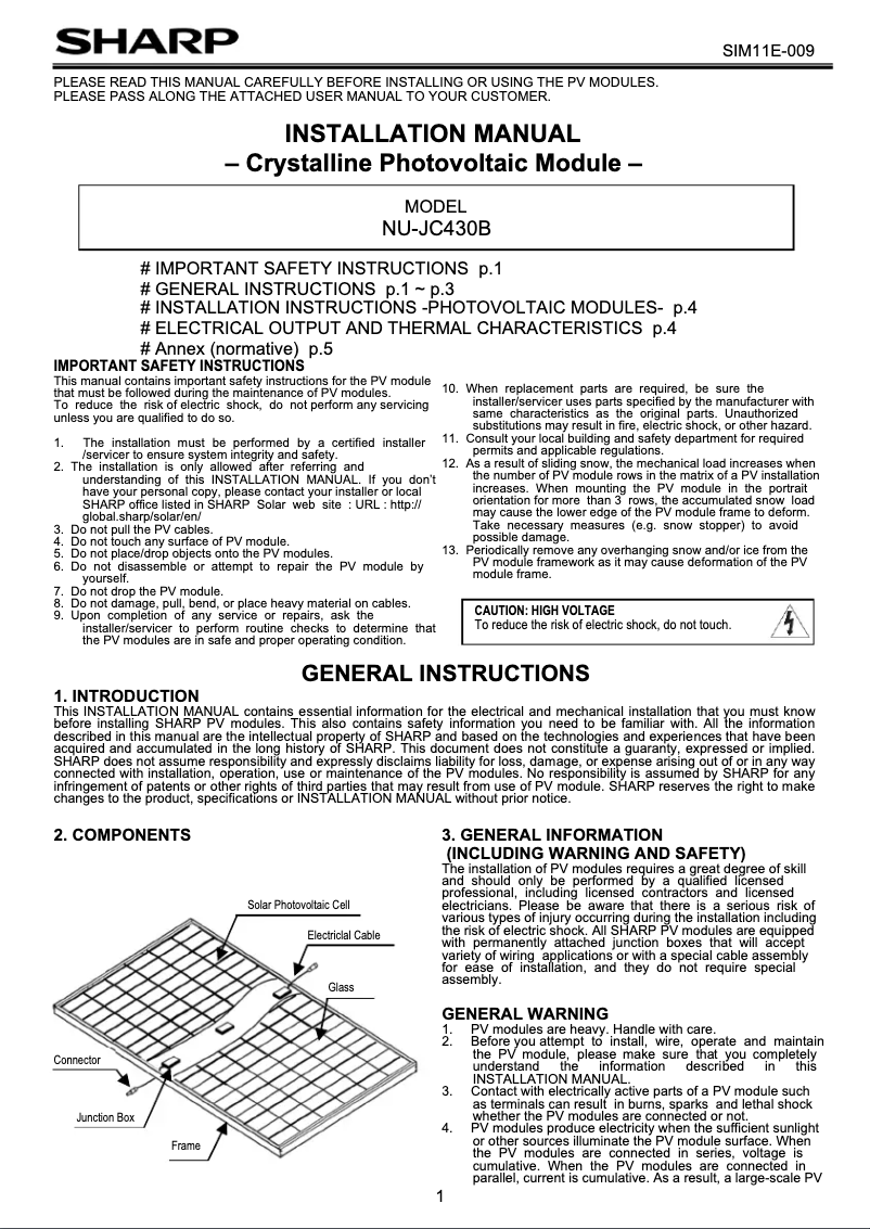 Page 1 de la notice Manuel utilisateur Sharp NU-JC440