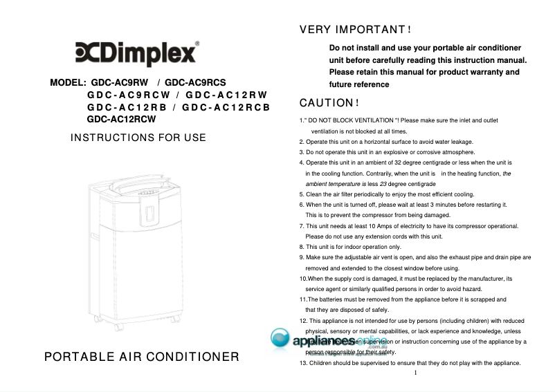 Image de la première page du manuel de l'appareil GDC-AC9RCS