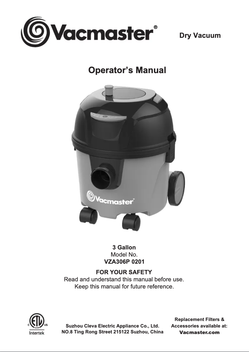 Page n°1 - Manuel utilisateur Vacmaster VZA306P 1101