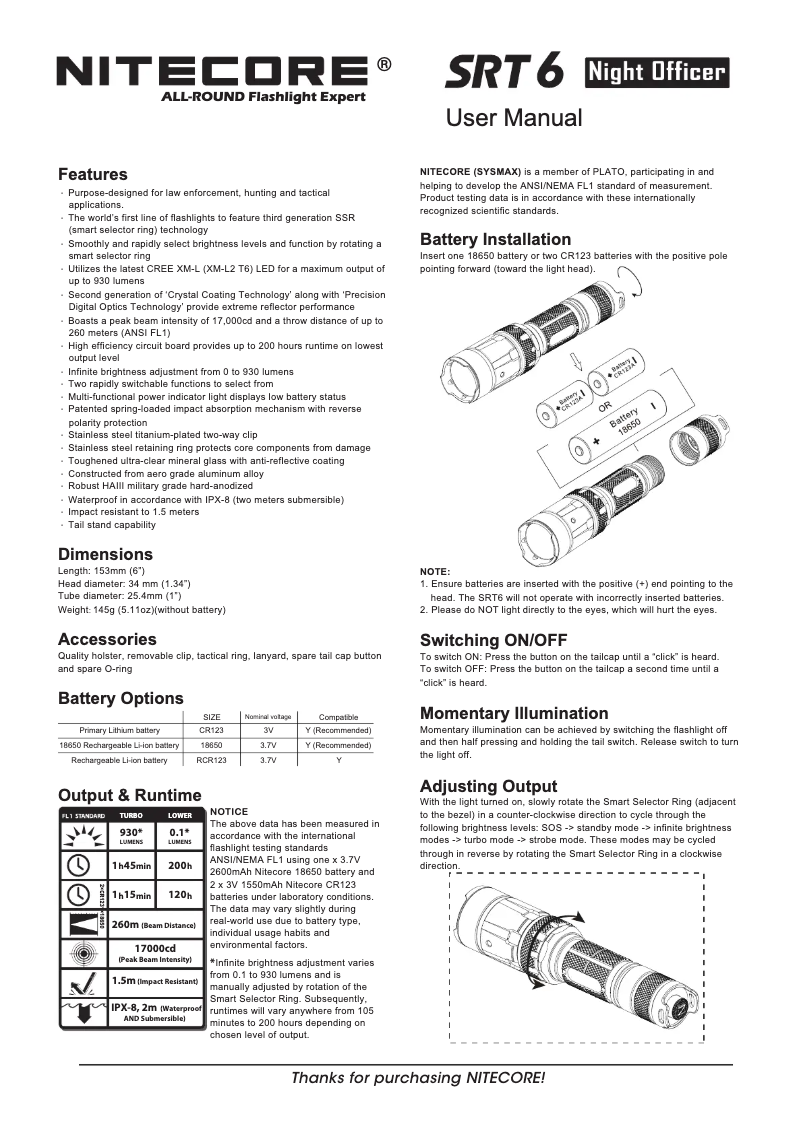 Page 1 de la notice Manuel utilisateur Nitecore SRT6