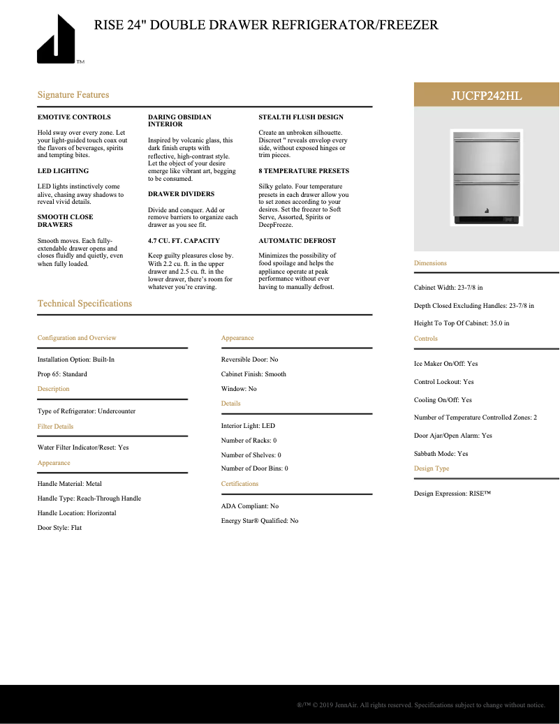 Page 1 de la notice Fiche technique JennAir JUCFP242HX